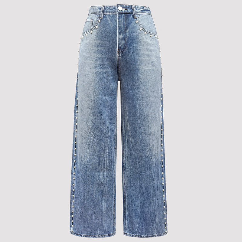 Wind Pearl Wide Leg Retro Gradient Washed Side Rivets Women's Jeans