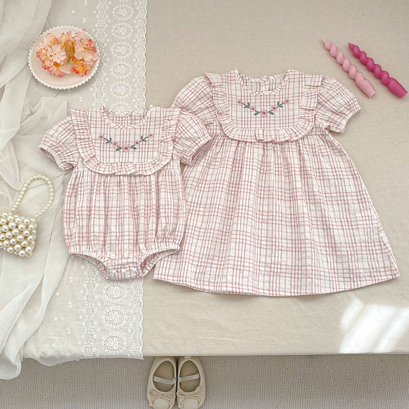 Short Sleeve Plaid Rompers Romper Sisters Children's Dress