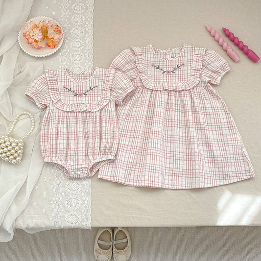 Short Sleeve Plaid Rompers Romper Sisters Children's Dress