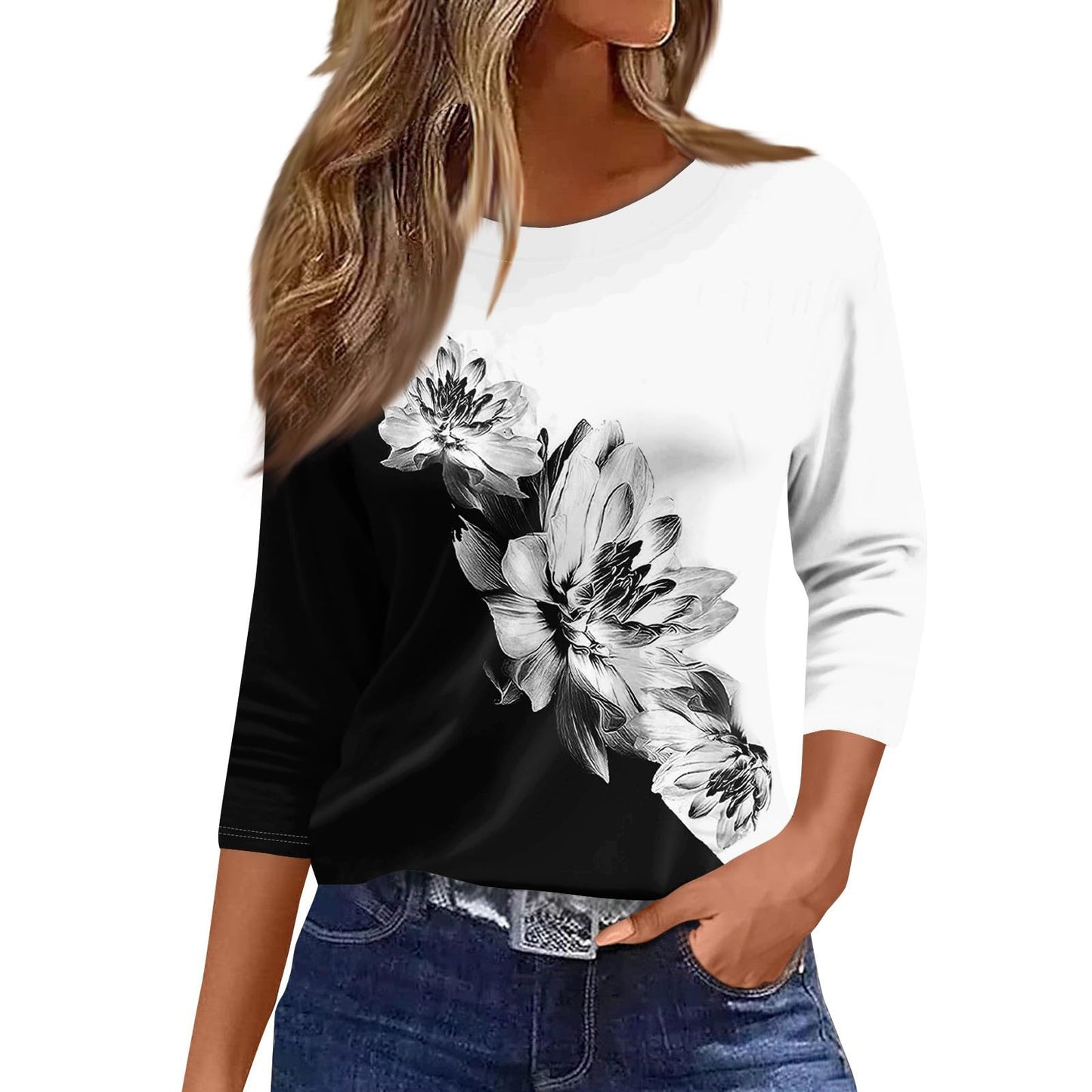 Women's Printed Solid Color Three-quarter Length Sleeve Long Women's T-shirt