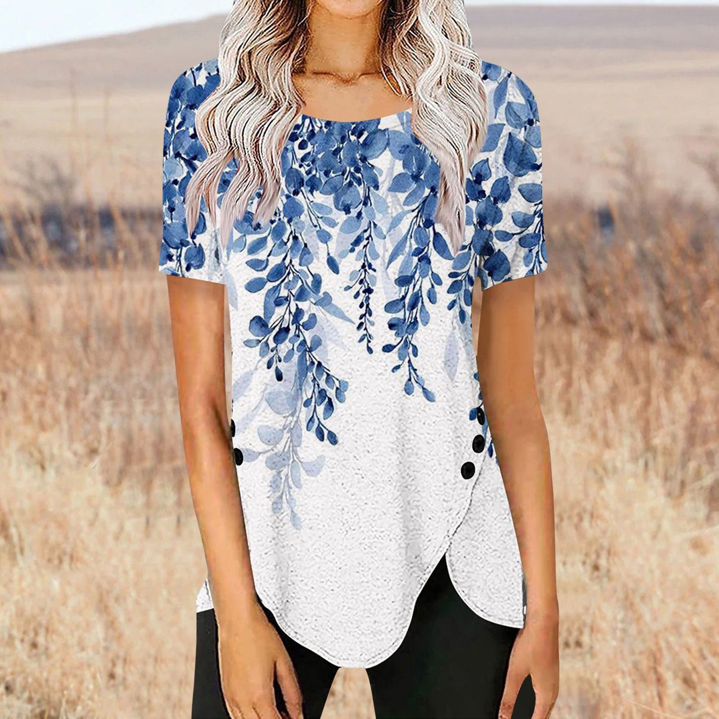 Women's Retro Button Gradient Printing Round Neck Shorts