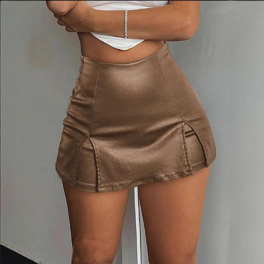 Women's Waist Leather Bag Hip Pleated Slim Fit Skirt