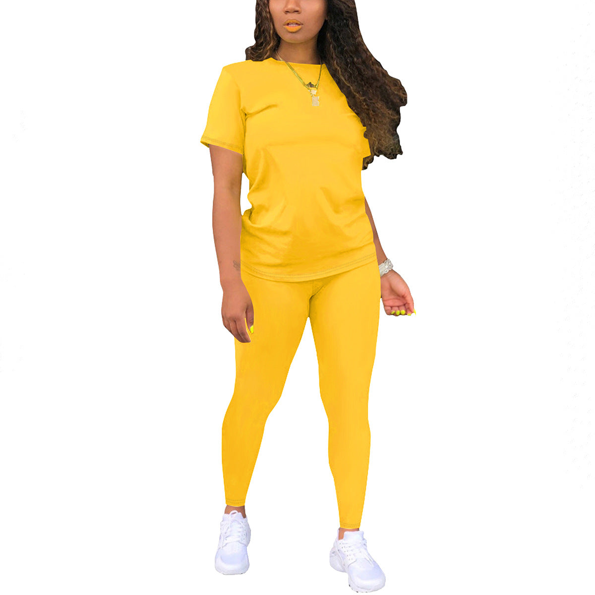 Women's Solid Color Gradient Printing Round Neck Sleeve T-shirt Fashion Casual Suit