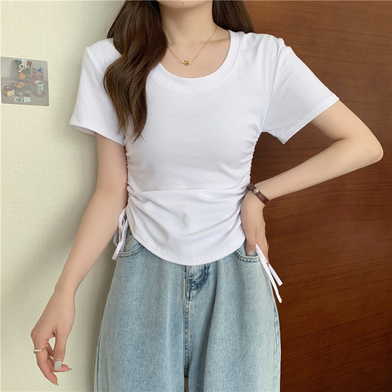 Women's Neck Drawstring Slimming Short-sleeved Design Sense Korean Slim Bottoming Shirt Women's T-shirt