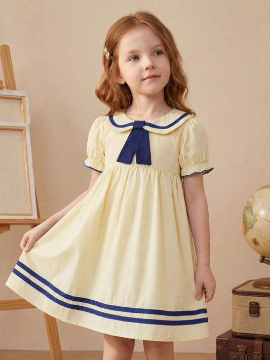 Children's Preppy Style Lapel Short Sleeve Skirt Woven Tie Children's Dress