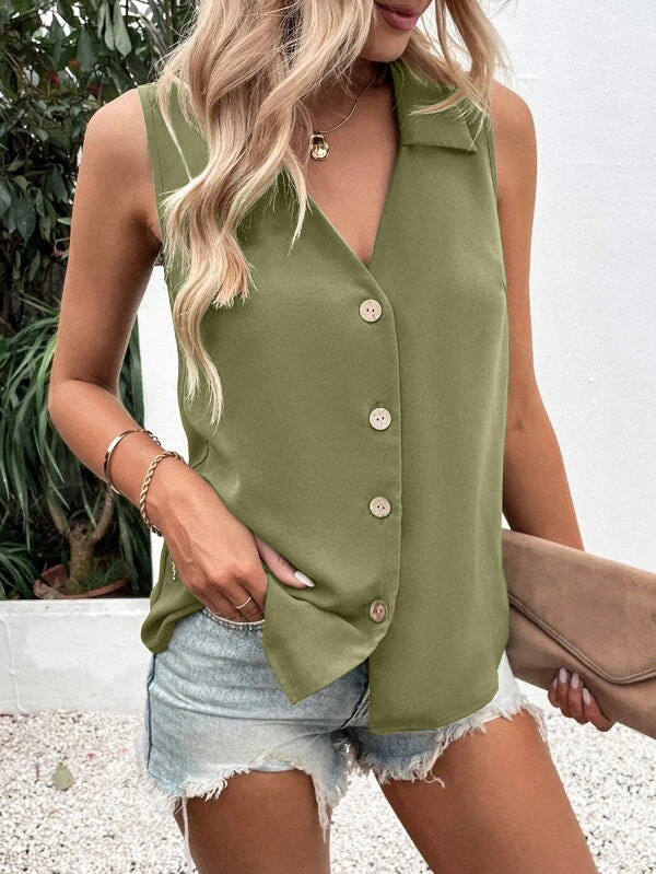 Women's Summer Solid Color Loose Sleeveless Button Lace Shirt, Chiffon Shirt