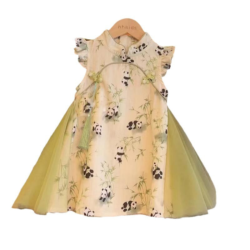 Western Style Flounced Sleeve National Panda Mesh Cheongsam Children's Dress