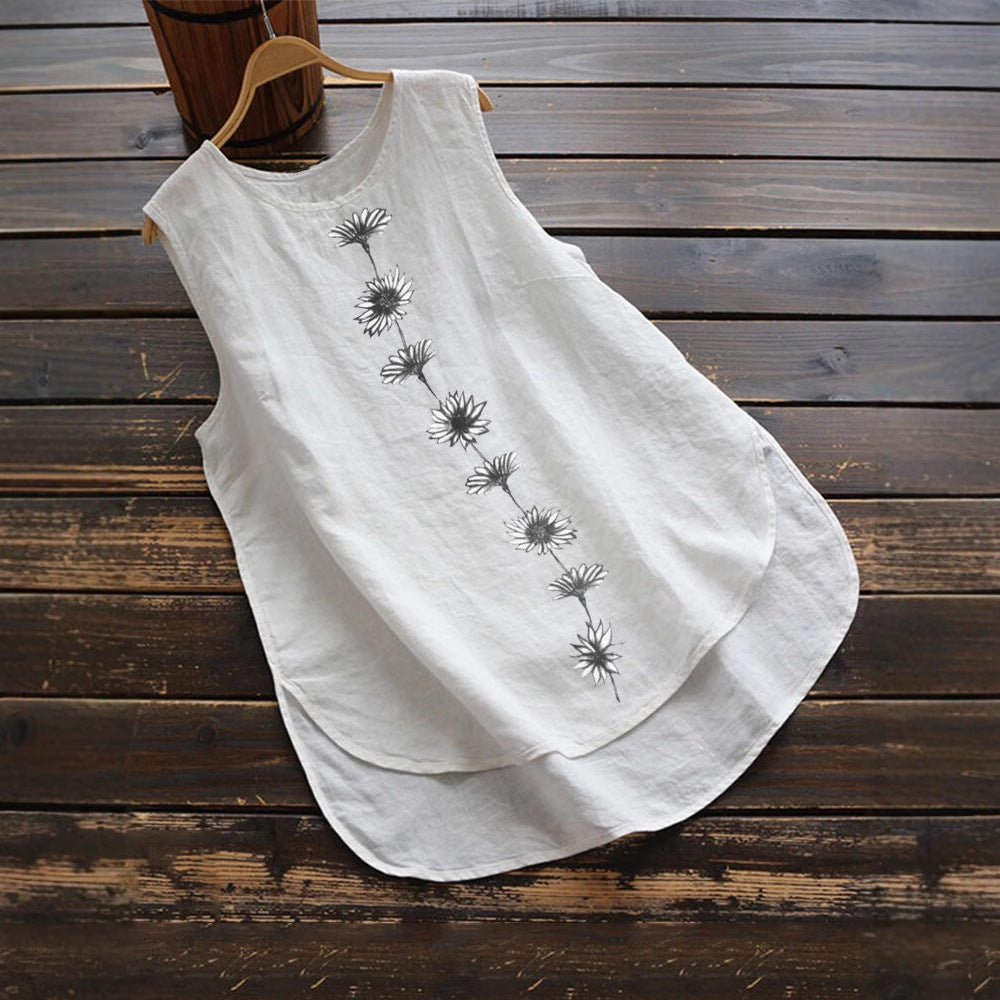 Women's Summer Daisy Print Sleeveless Round Neck Cotton Linen Small Vest/suspenders/tube Top