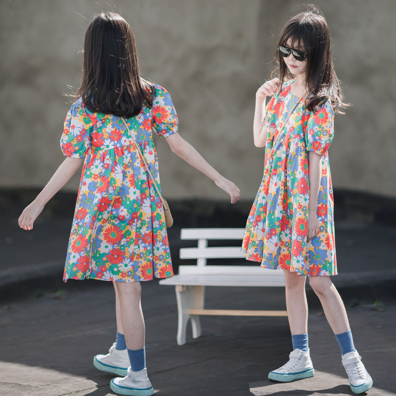 Summer Short Sleeve Printed Floral Skirt Medium Big Thin Wear Children's Dress