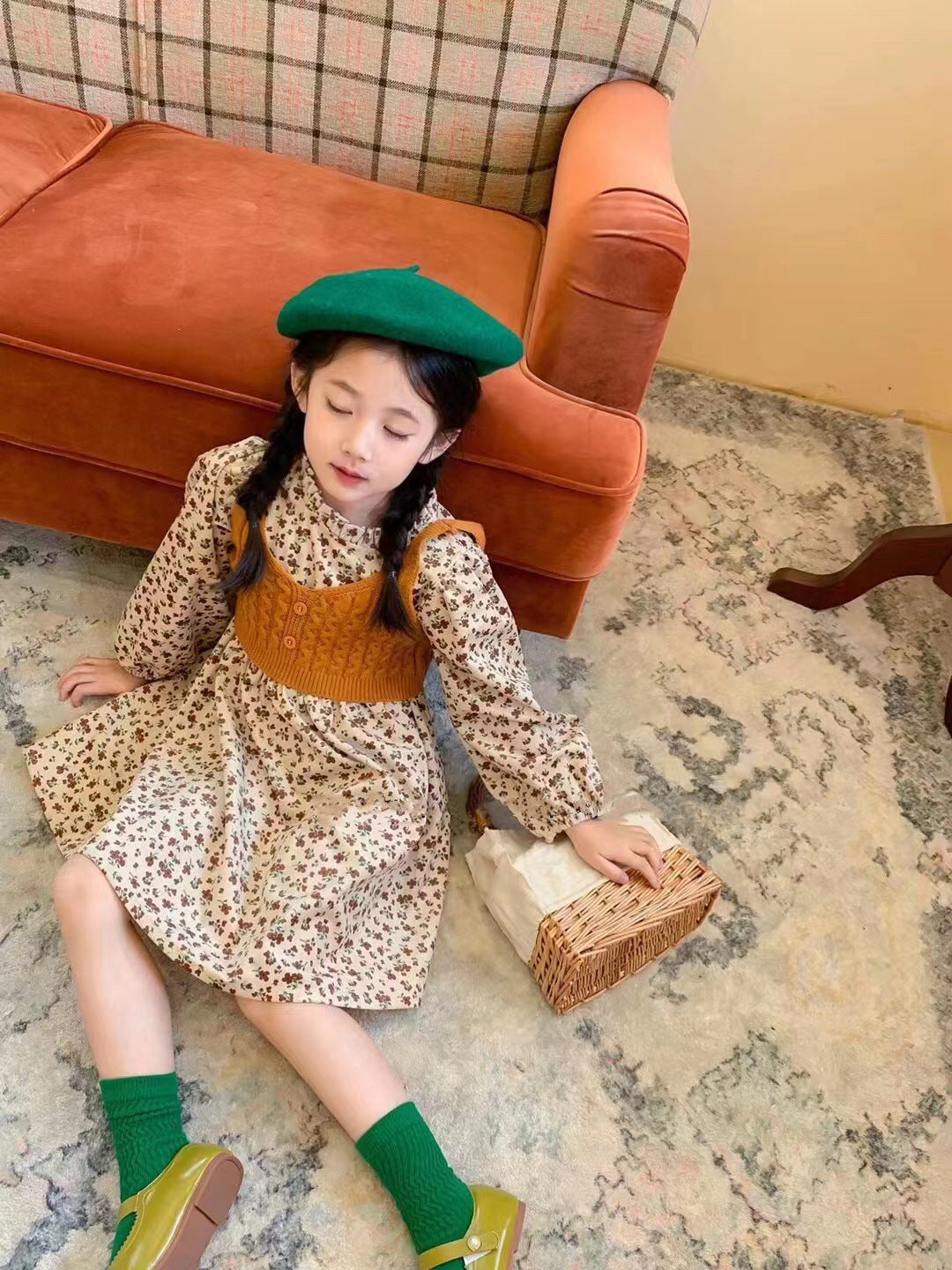 Autumn Korean Style Floral Skirt Wool Vest Two-piece Children's Dress