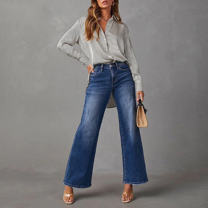 Women's Washed Dark Blue Straight High Elasticity Denim Super Women's Jeans