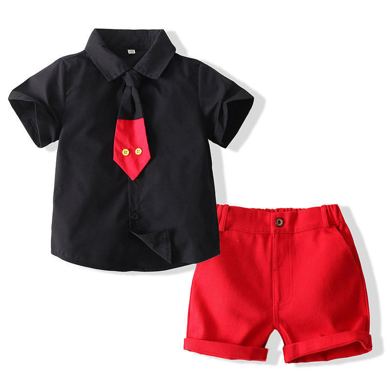 Children's Summer Clothing Korean Handsome Tie Solid Color Children's Suit
