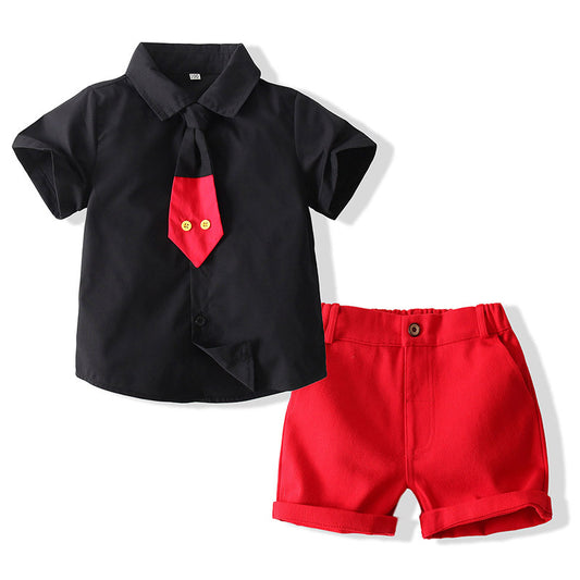 Children's Summer Clothing Korean Handsome Tie Solid Color Children's Suit