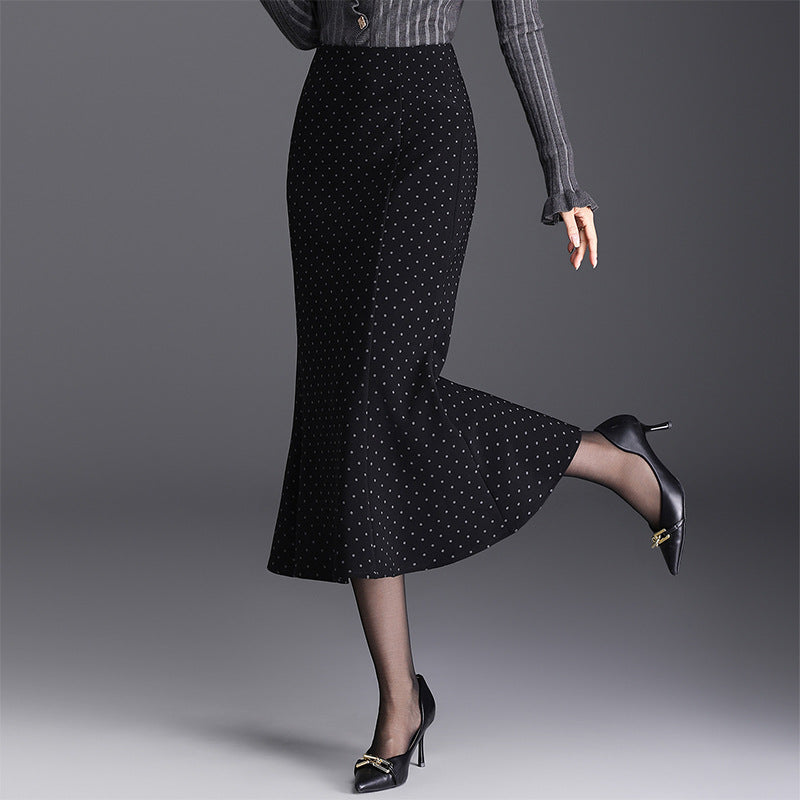 Women's Dots Fishtail High Waist Slimming Sheath Wool Skirt
