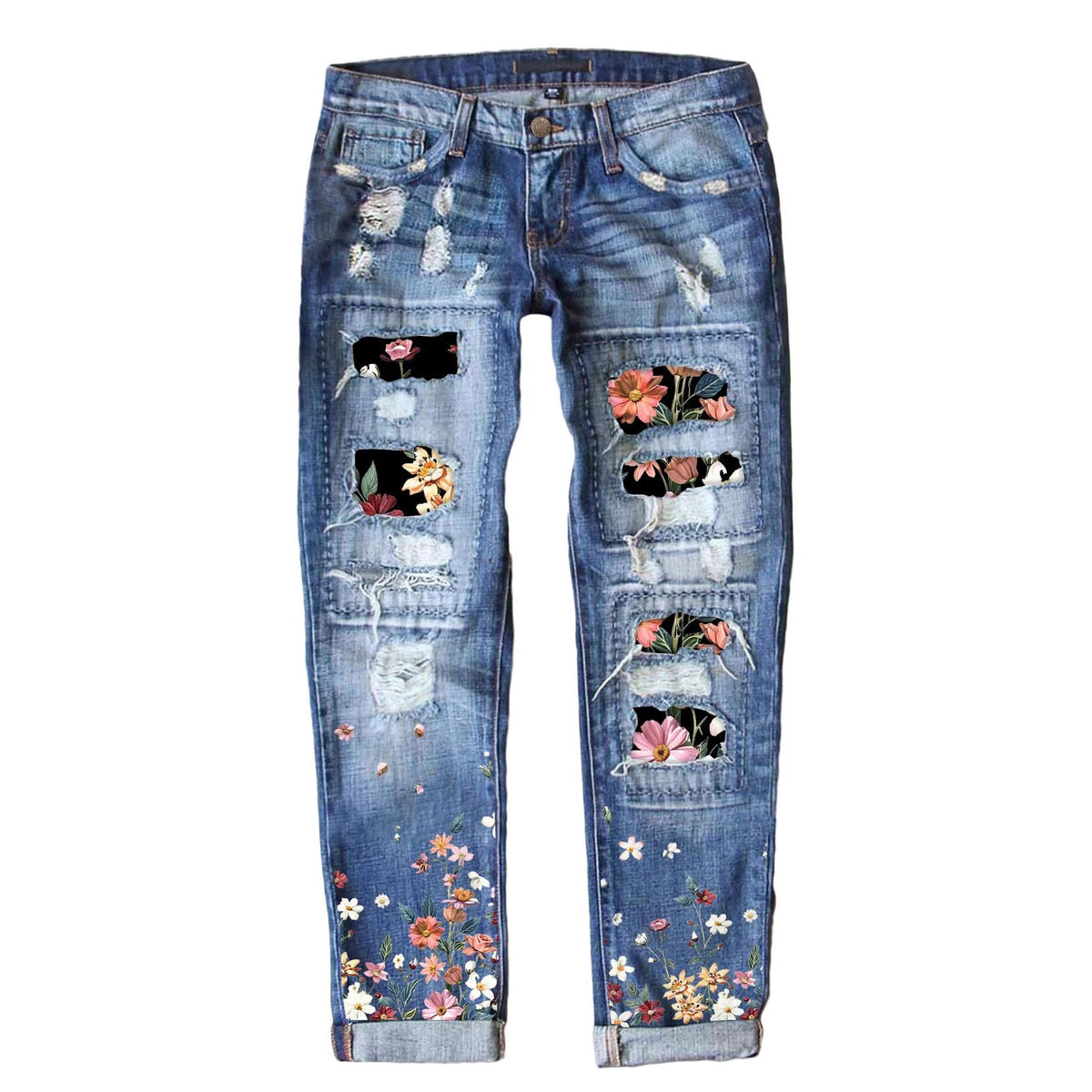 Women's Fashion Holes Printed Patch Straight Jeans