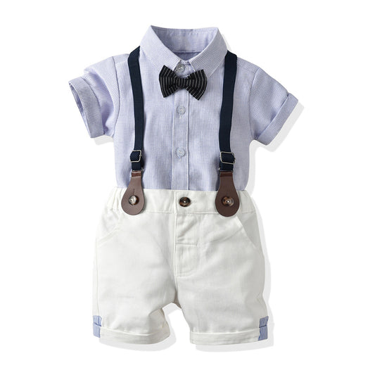 Children's Summer Short-sleeved Striped Shirt Suspender Shorts Boy's Birthday Children's Suit