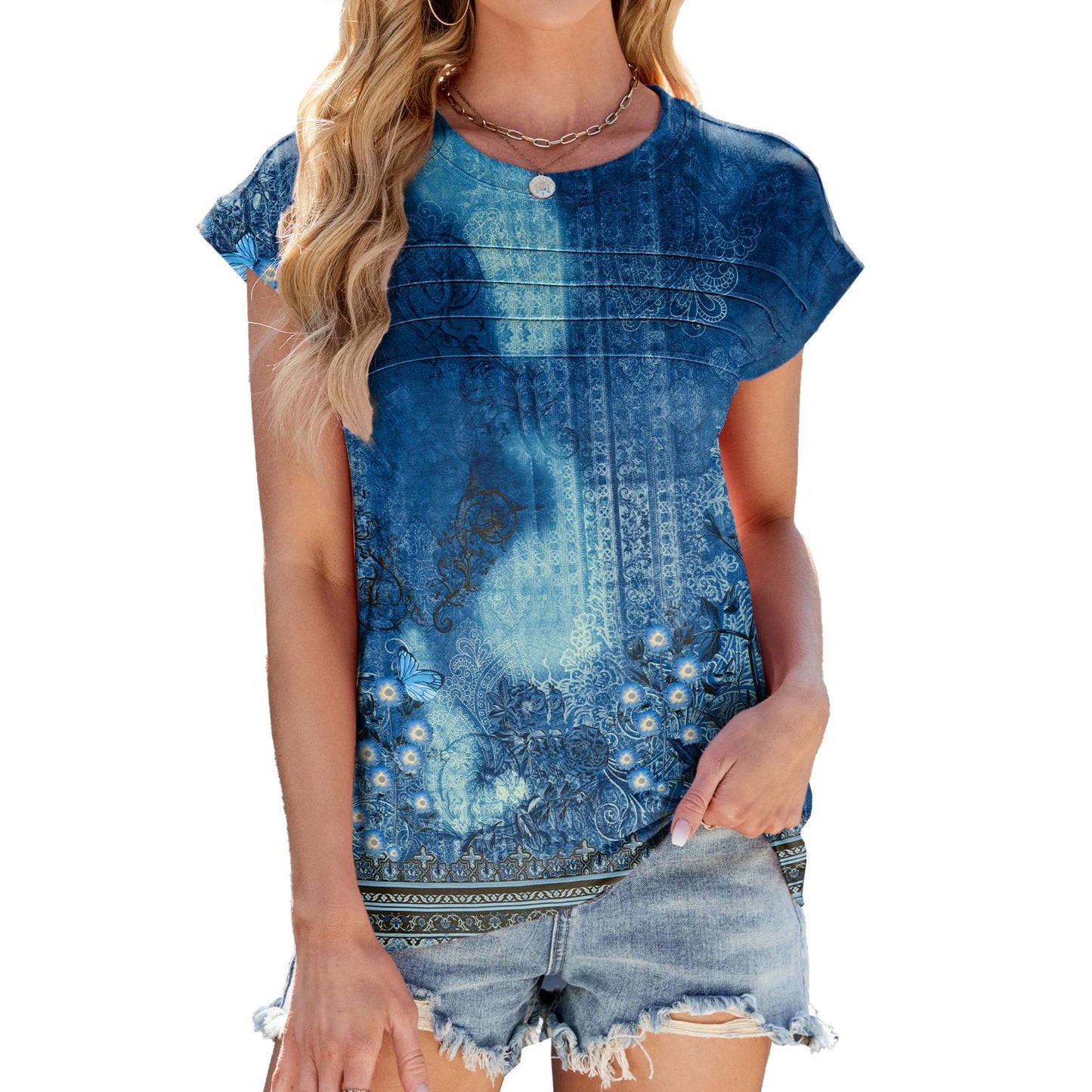 Women's Printed Stripes Round Neck Loose Sleeves Shorts