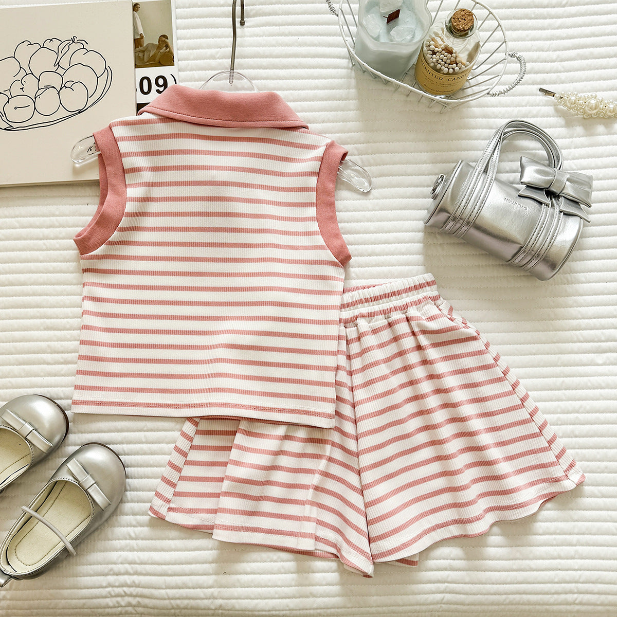 Children's Summer Striped Lapel Vest T-shirt Sleeveless Short Skirt Two-piece Children's Suit