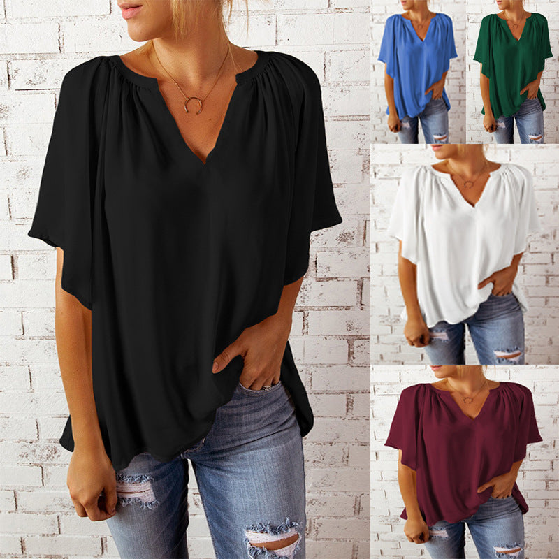 Classy Women's Summer Loose-fitting Casual T-shirt Lace Shirt, Chiffon Shirt