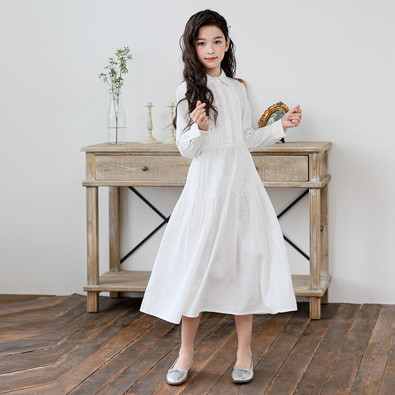 Children's Fashionable Stylish Korean Pleated Blouse Collar Long Children's Dress