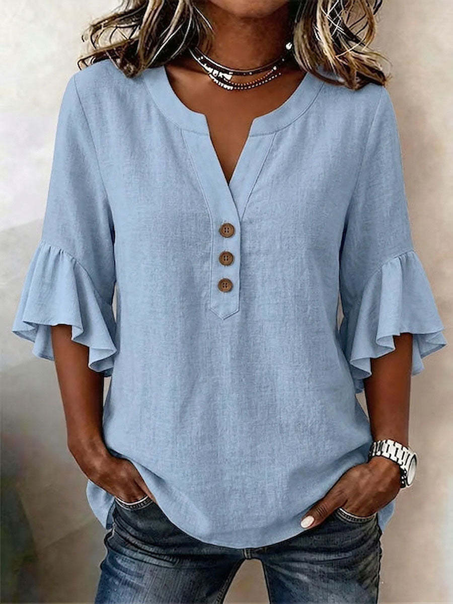 Women's Cotton Linen French Style Gentle Bell Sleeve Loose Casual Shirt Blouse