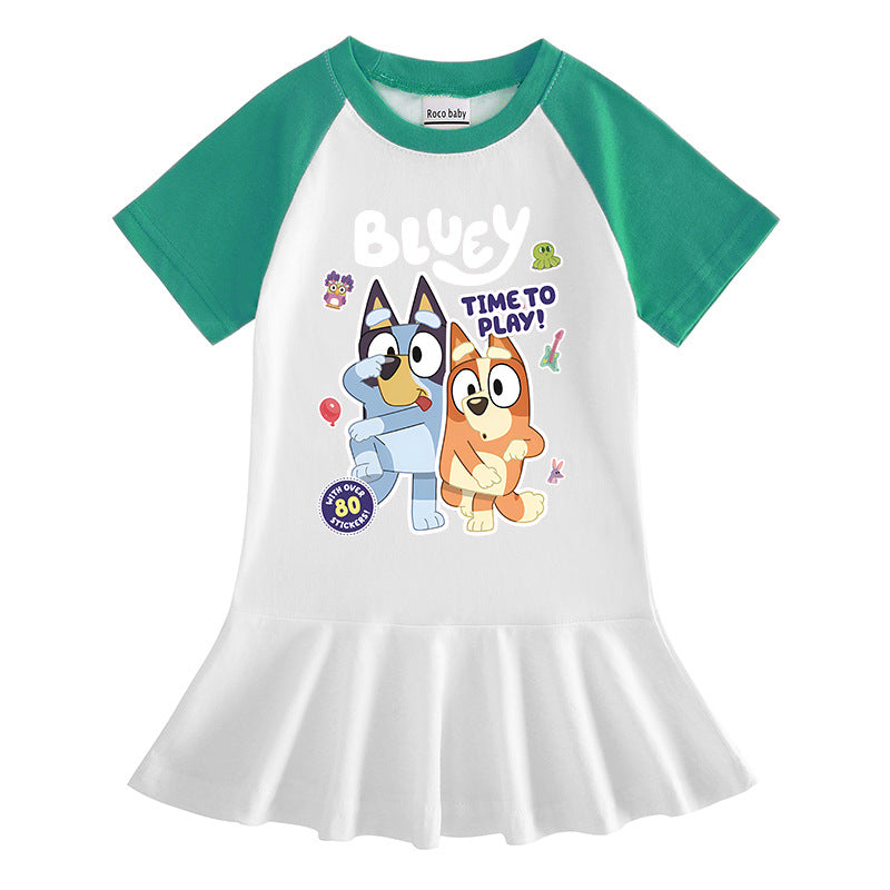Children's Clothing Cartoon Half Sleeve Contrast Color Fashionable Pleated Children's Dress
