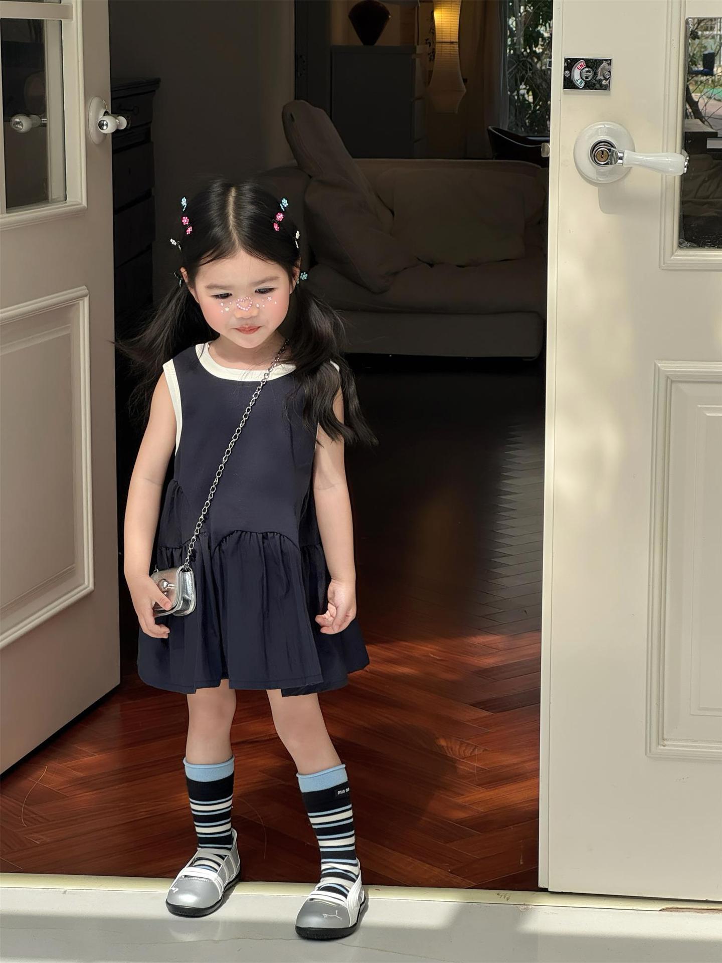 Western Style Ruffled Hem Crew Neck Navy Blue Vest Children's Dress