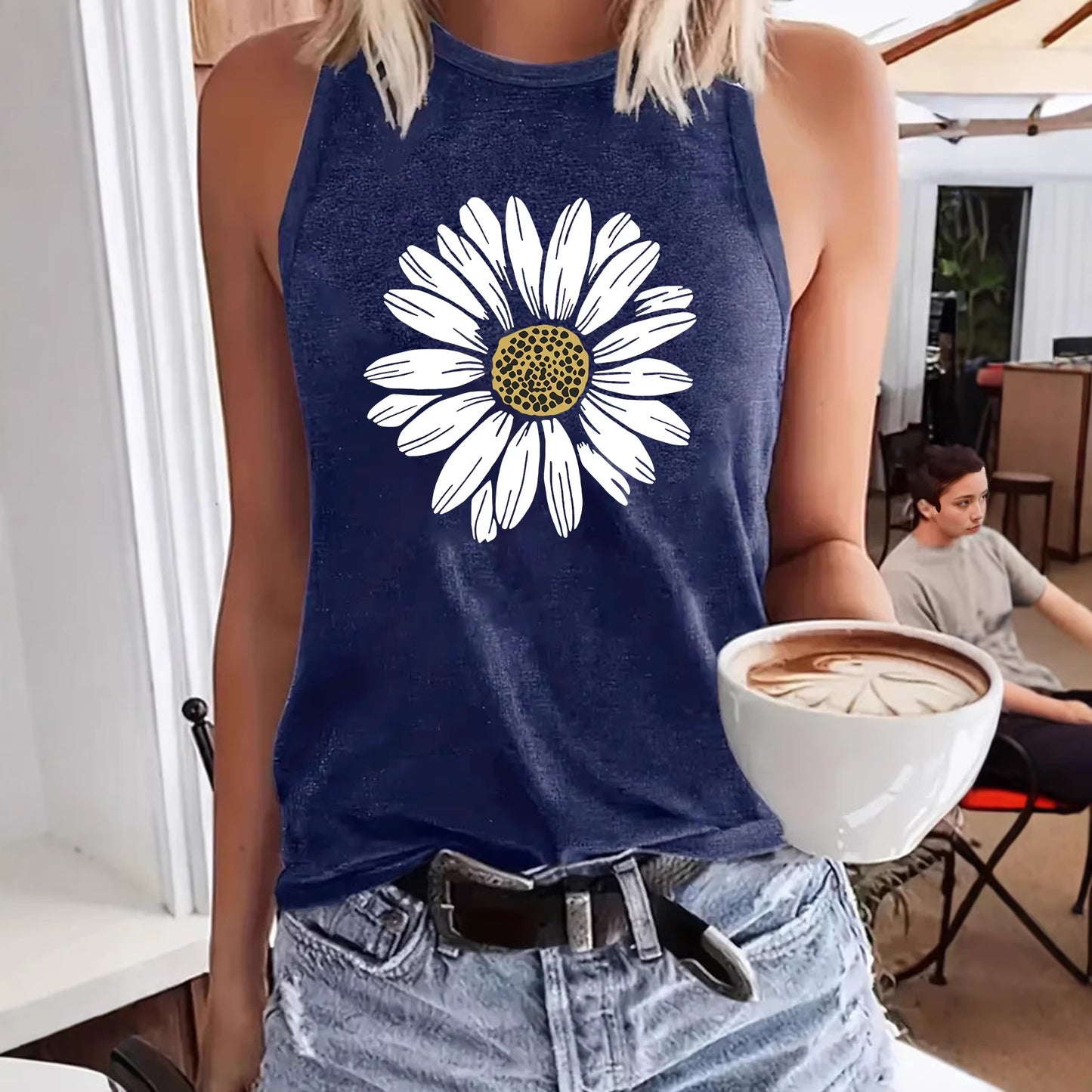 Women's Sleeveless Sunflower Print Loose Comfort Casual Fashion Tops