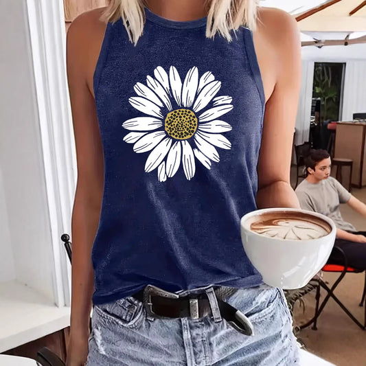 Women's Sleeveless Sunflower Print Loose Comfort Casual Fashion Tops