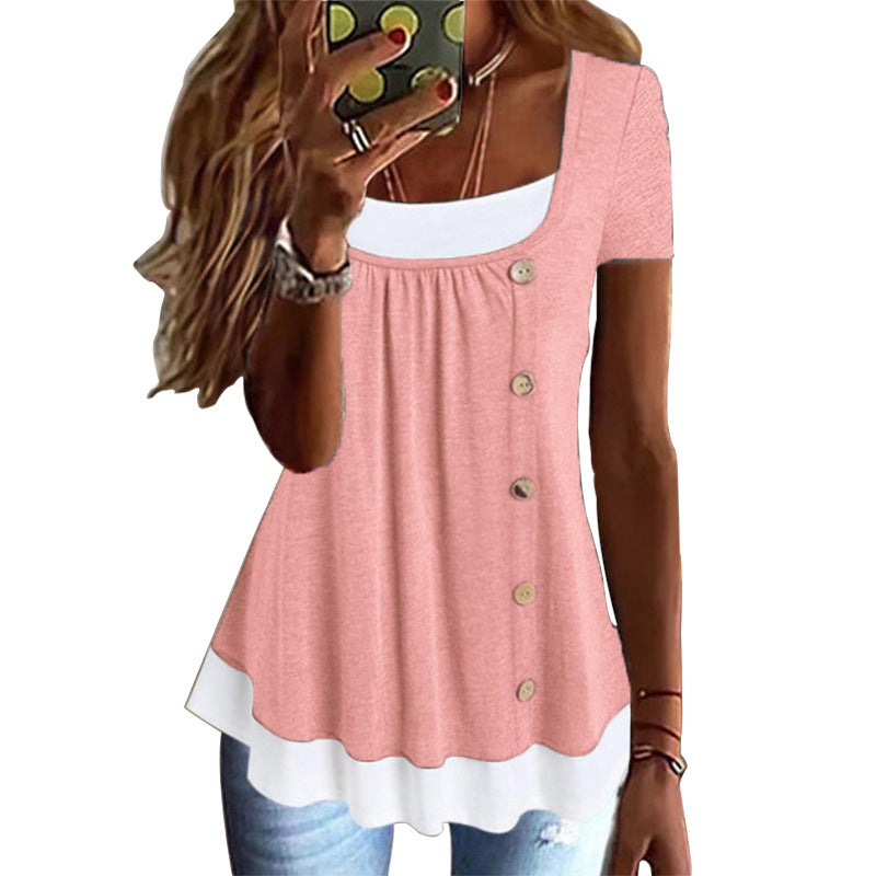 Women's Summer Round Neck Loose Pleated Button Two-piece Women's T-shirt