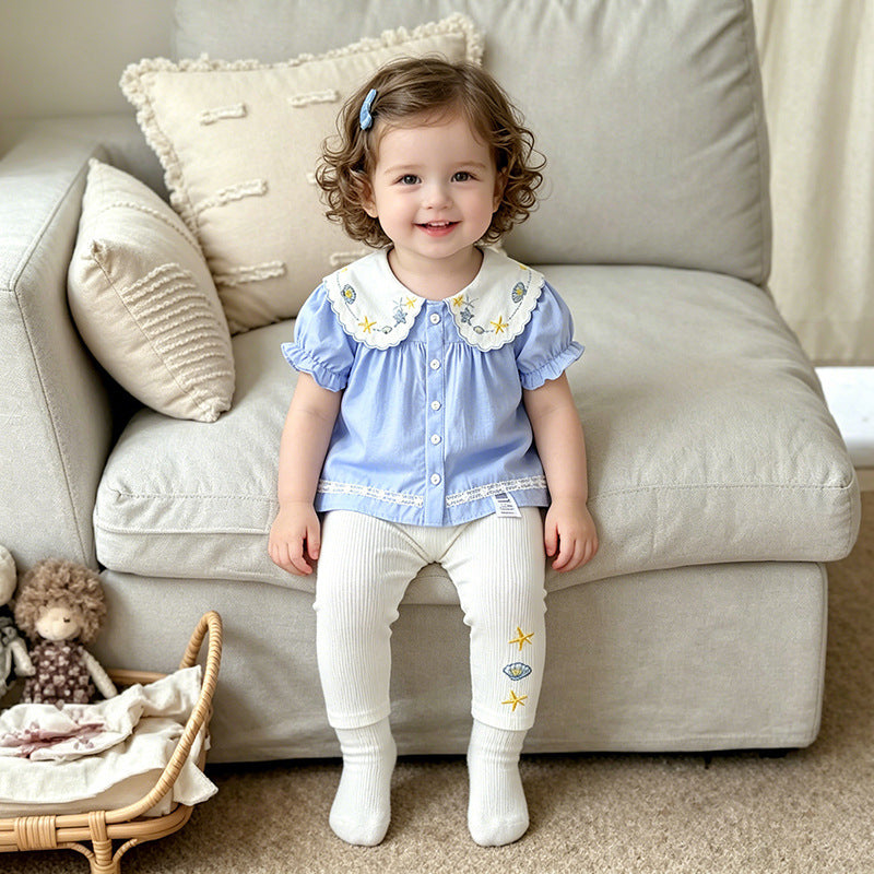 Home Close-fitting Breathable Embroidered Lapel Dress Two-piece Set Versatile Slimming Children's Suit