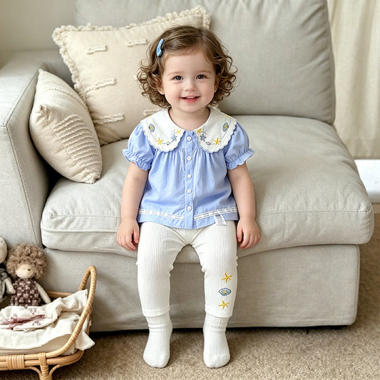 Home Close-fitting Breathable Embroidered Lapel Dress Two-piece Set Versatile Slimming Children's Suit