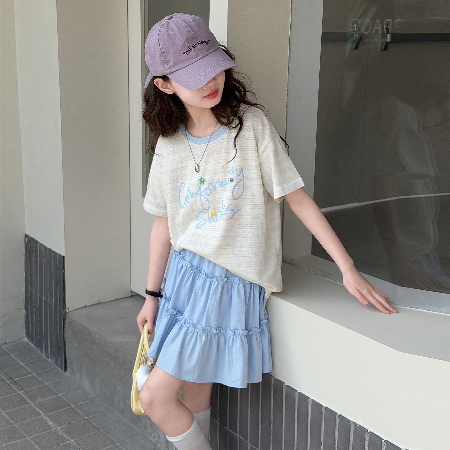 Summer Clothing Middle Big Sweet Stripes T-shirt Lace Skirt Short Children's Suit