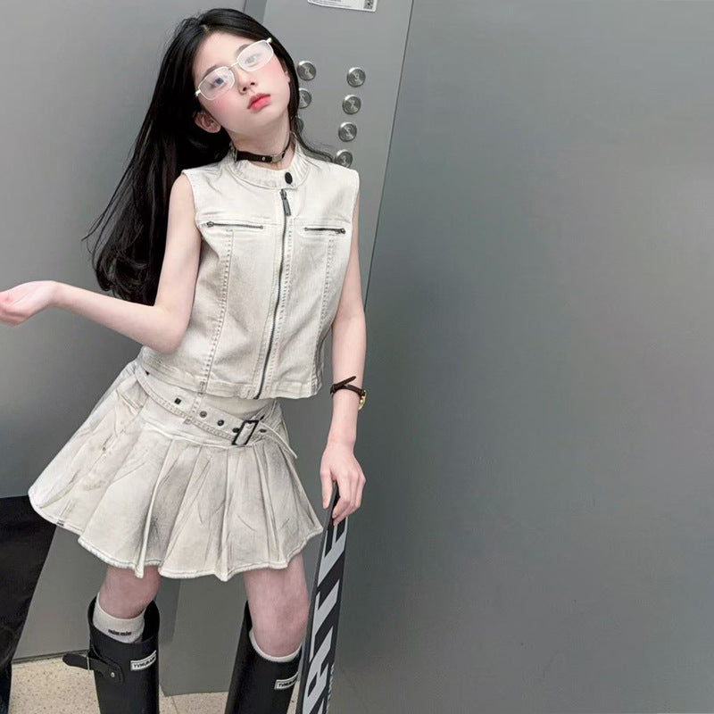 Style Vest Belt Pleated Skirt Middle Big Children's Suit