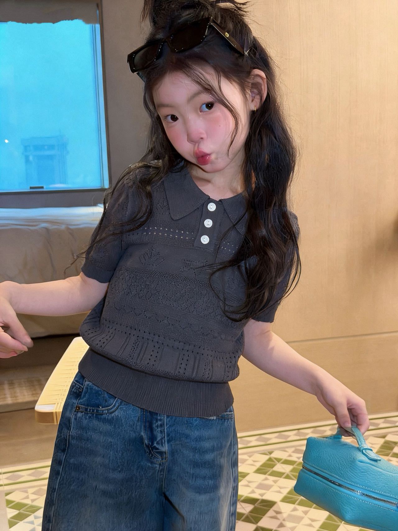 Children's Summer Ice Silk Short Sleeve Knitted Hollow Old Money Children's T-shirt