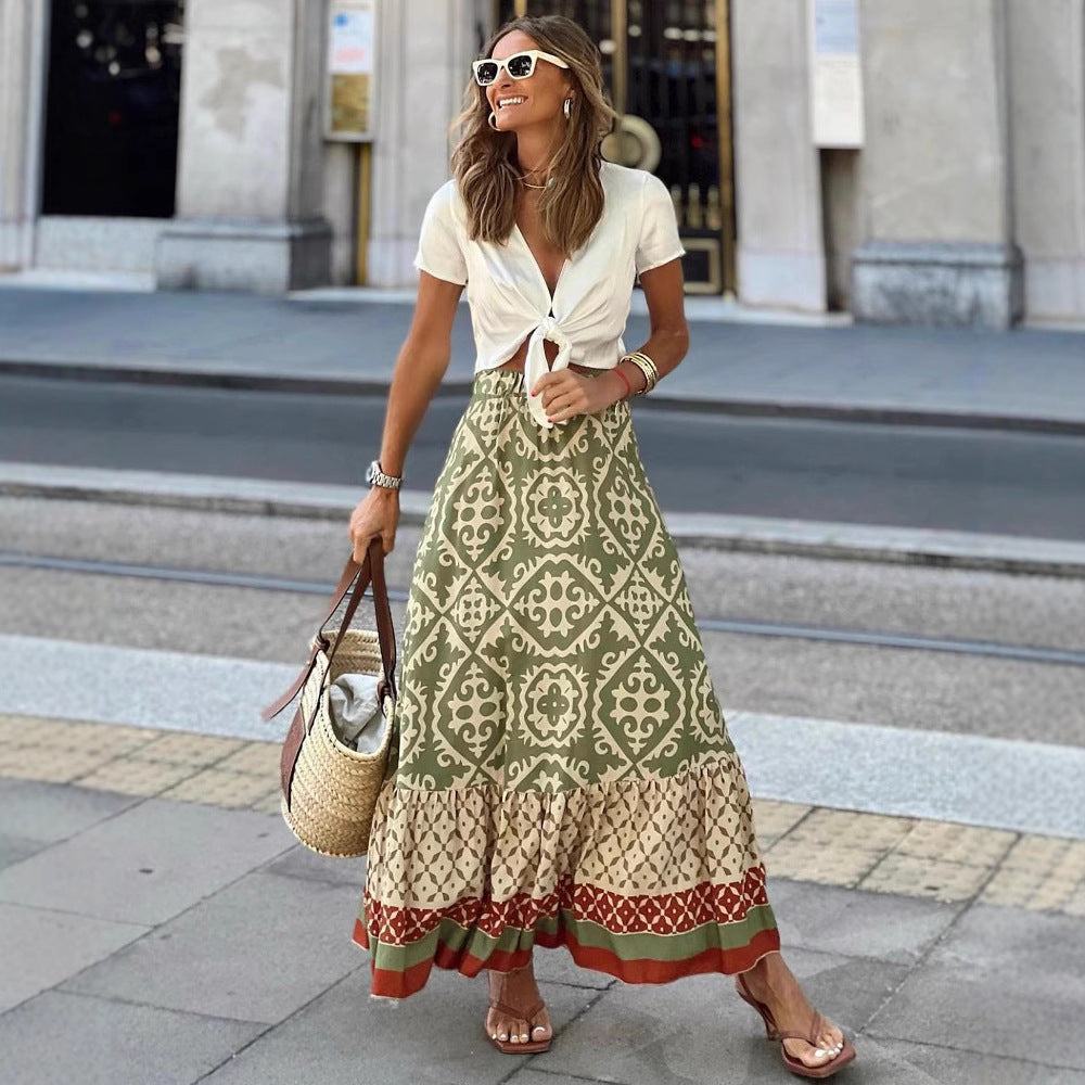 Women's Summer Printed Loose Stitching Large Swing Skirt
