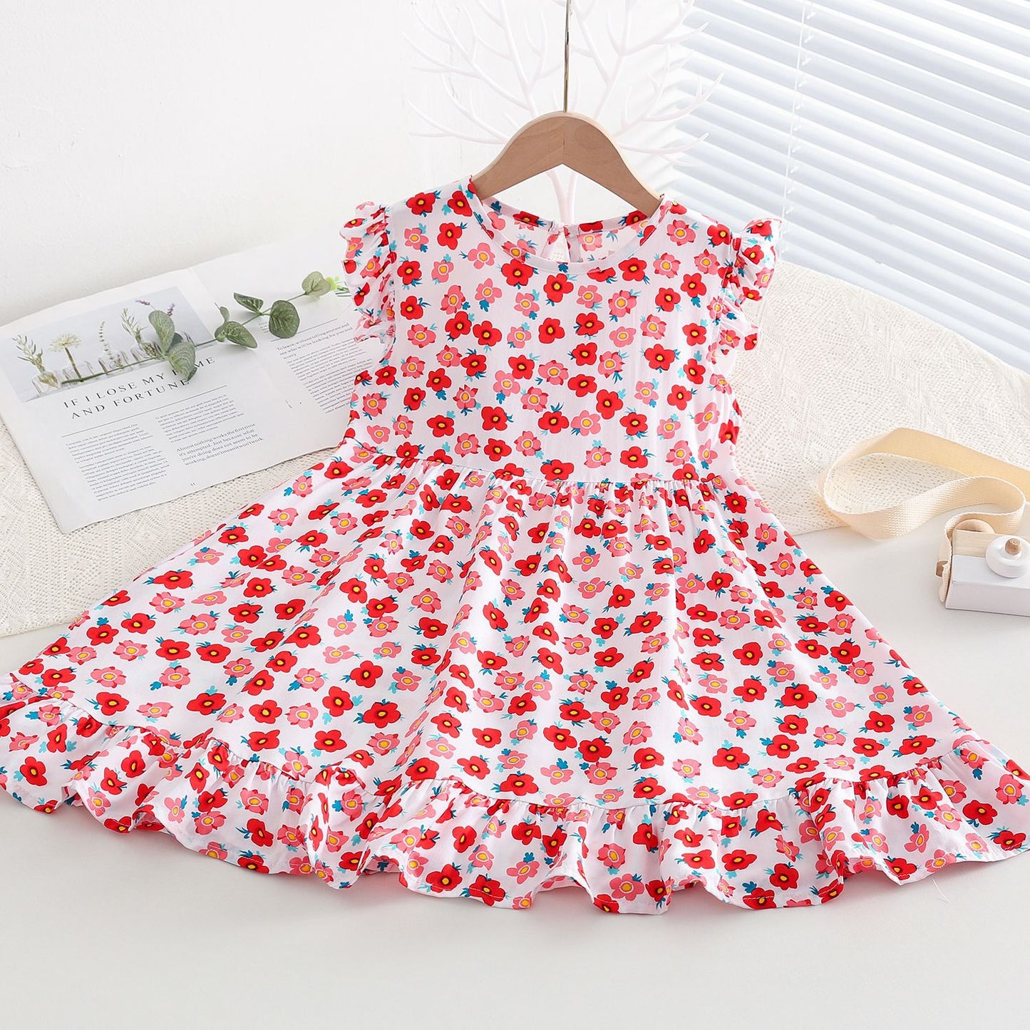 Fresh Flounced Sleeve Floral Cotton Summer Thin Cool Children's Dress