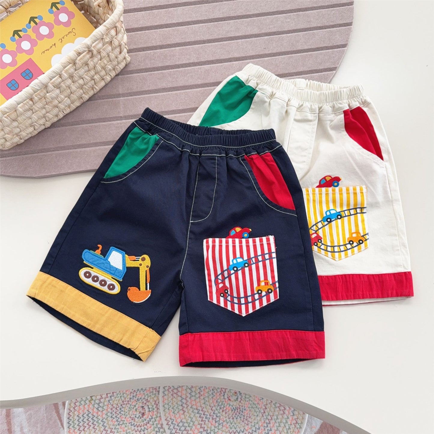 Boys Pocket Shorts Summer Cartoon Excavator Patch Children's Pants