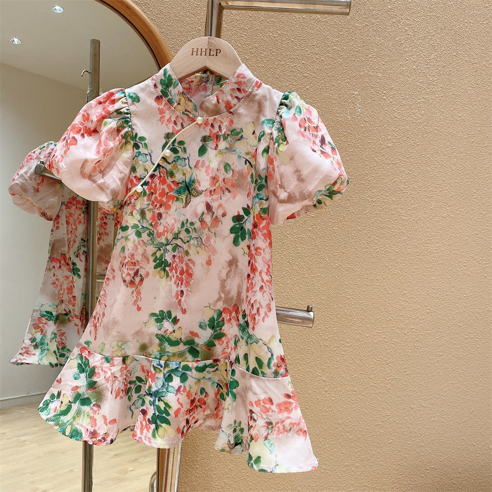 Southern Retro National Style Improved Chiffon Puff Children's Dress