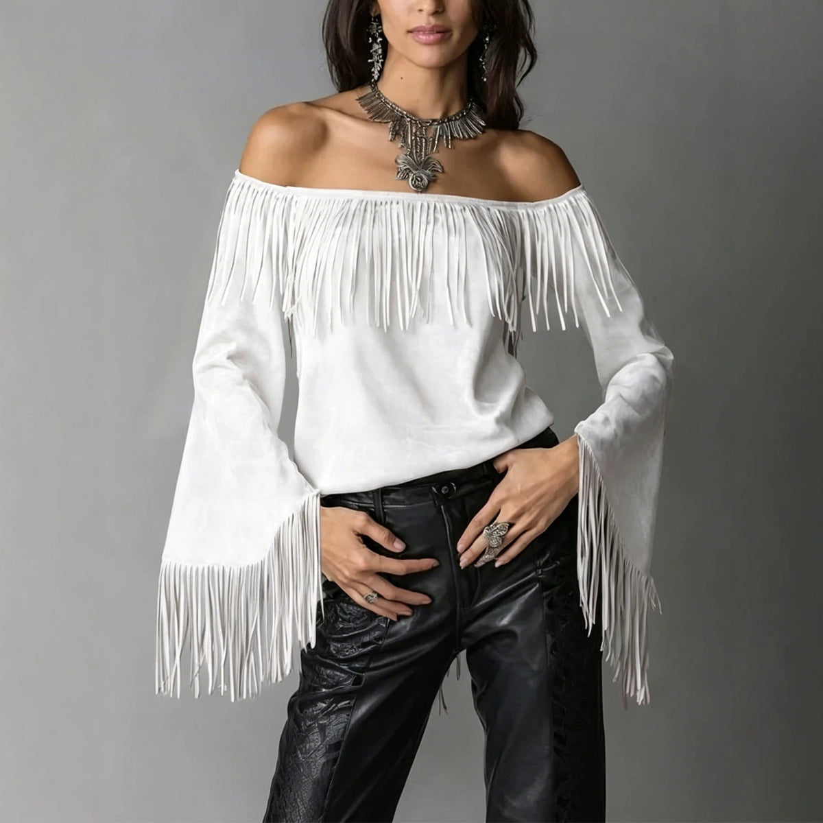 Women's Retro Tassel Suede Flared Long Sleeve Western Women's T-shirt