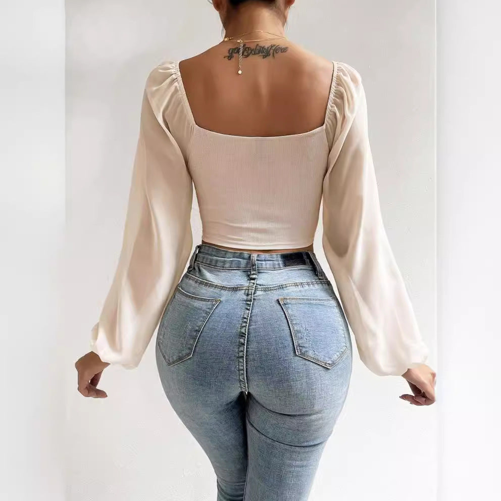 Women's Summer Chiffon Drawstring Lantern Sleeve Skinny Fashion Tops