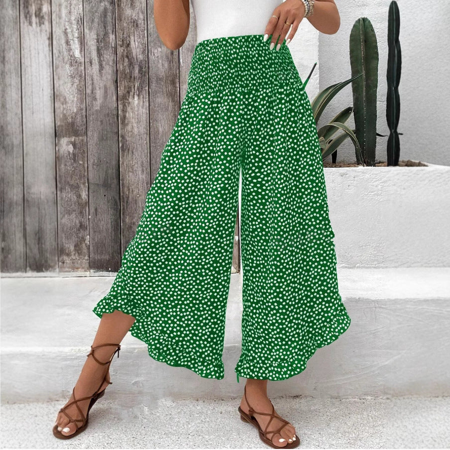 Polka-dot Loose-fitting Cinched Figure Flattering Wide Casual Pants