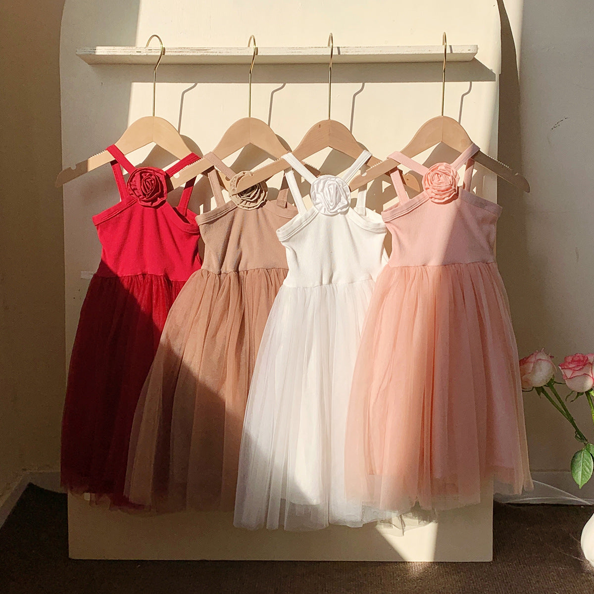 French Rose Strap Sweet Western Style Mesh Children's Dress
