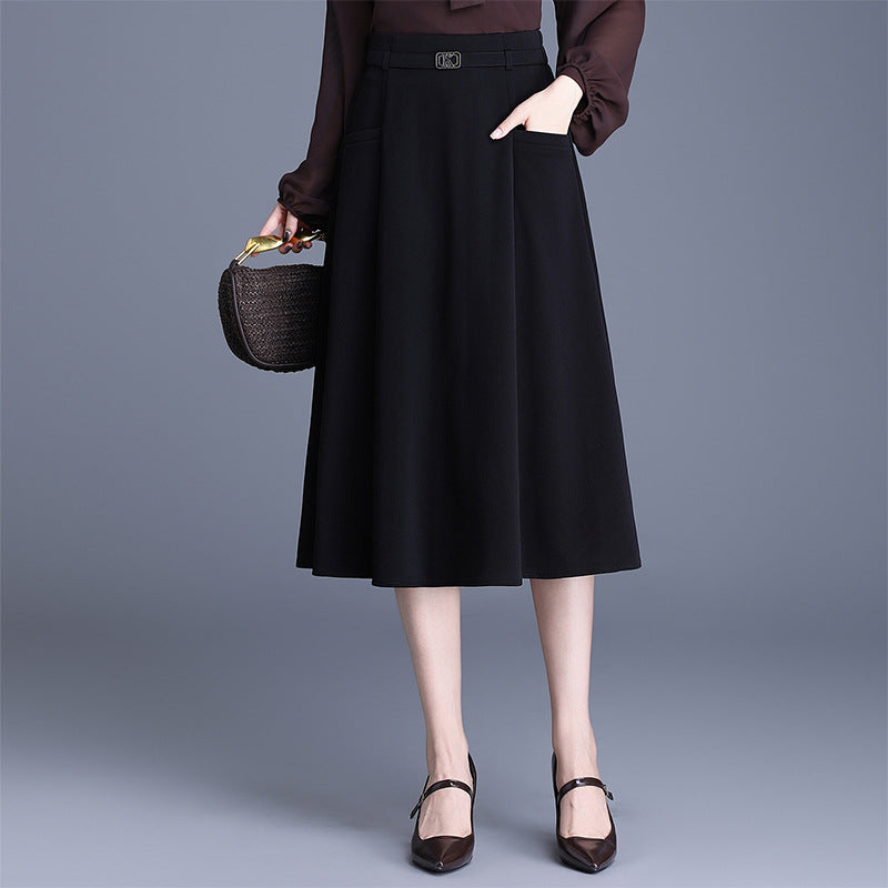 Mid-length Pocket A- Line Solid Color Simple Commute High Waist Skirt