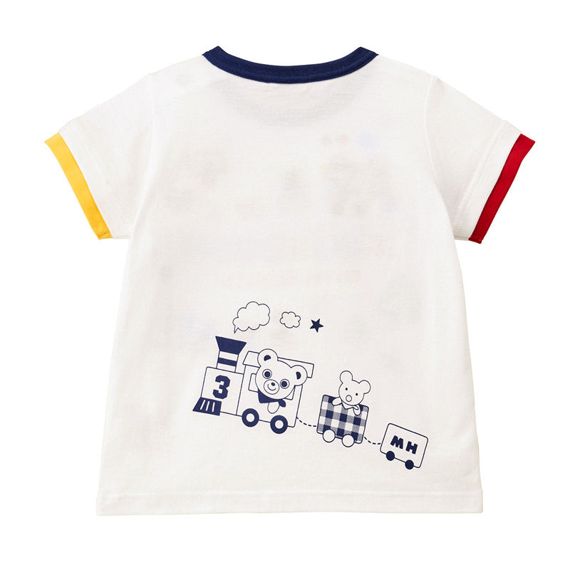 Children's Clothing Boy Cartoon Good Friend Train Bear Embroidery Children's T-shirt