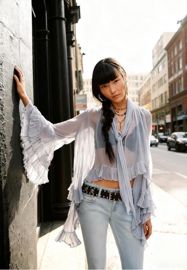 Oversized Swing Bow Tie Belt Printed Lantern Sleeve Personalized Lace Shirt, Chiffon Shirt