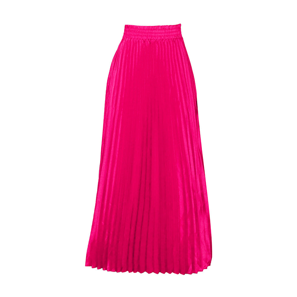 Women's Waist Pleated Wide Hem Long Dress Skirt