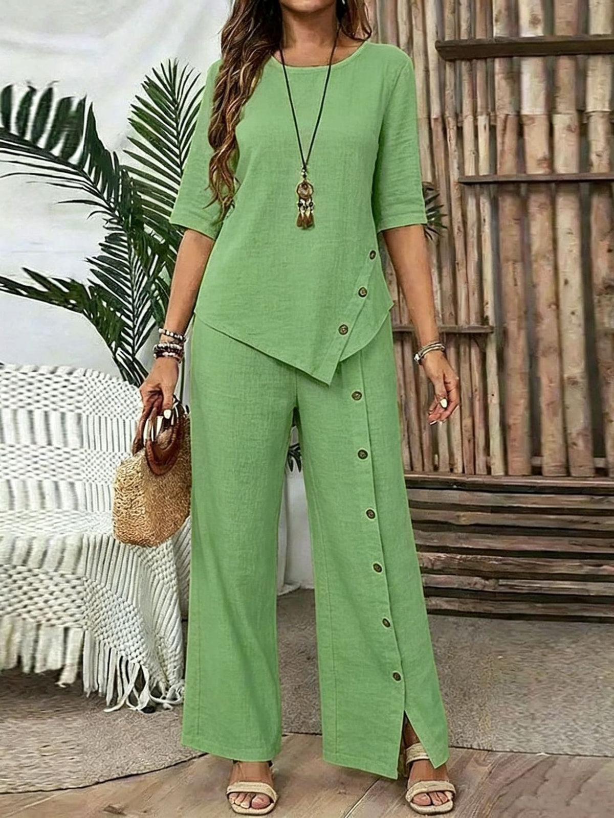 Women's Irregular Hem Trousers Button Half Sleeve Suits