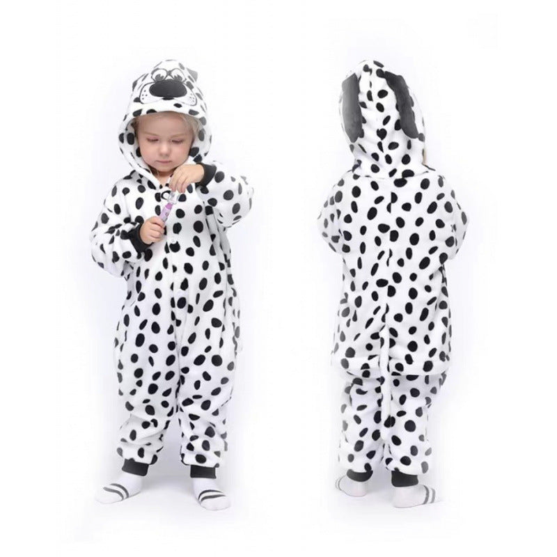 Children's Black Cat Leopard Print Flannel Cartoon One-piece Pajama Jumpsuit, Climbing Suit