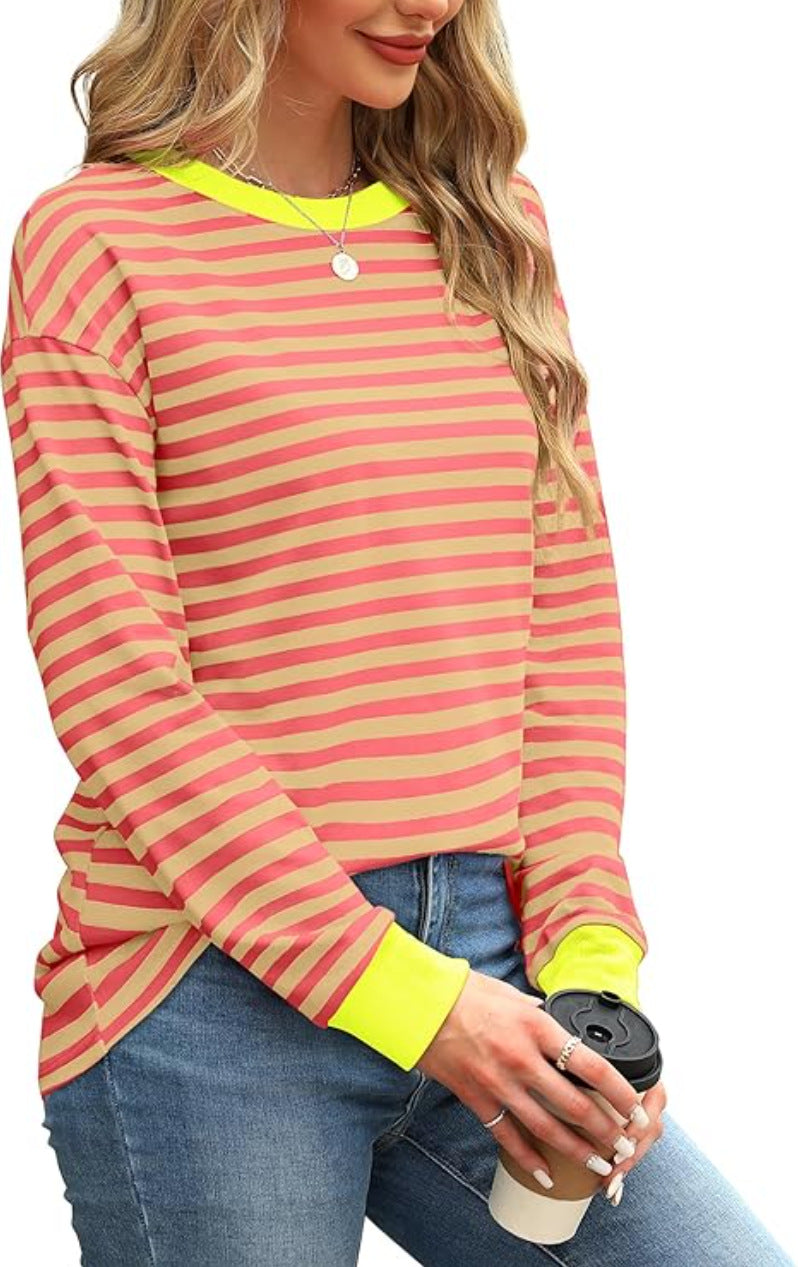 Women's Fashion Color Contrast Loose Round Neck Women's T-shirt